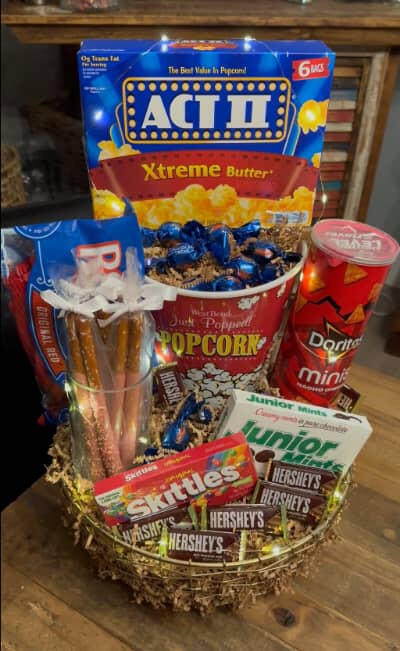 Movies and Munchies Gift Basket. Delicious gift basket for clients. Custom Baskets by KTBaskets